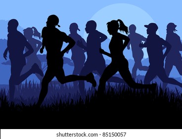 Marathon runners landscape background illustration