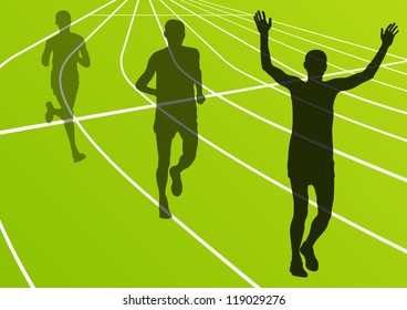 Marathon runners man running silhouettes in sport stadium landscape background illustration vector
