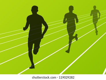 Marathon runners man running silhouettes in sport stadium landscape background illustration vector