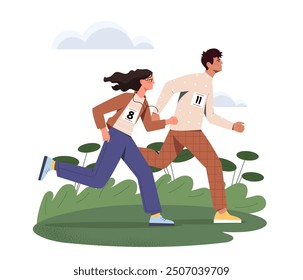 Corredores de maratón. Un hombre y una mujer corriendo en la naturaleza. Competición o torneo. Atletas y atletas femeninas, corredores de sprint o maratón. Ilustración vectorial plana de dibujos animados sobre fondo blanco