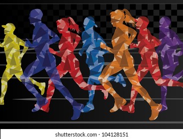 Marathon runners mosaic silhouettes colorful urban city road background illustration vector