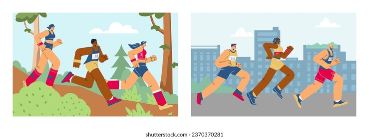 Marathon runners on cityscape and on off road in forest. Runners athletes group in motion vector flat illustrations set. Multinational sport Marathon race. Cartoon people in sportswear jogging.