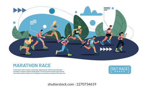 Marathon runners. People walk. Running men and women. Race with distance. Sport city. Health shoe for sprint. Trainers outdoor exercises. Jogging banner design. Vector illustration