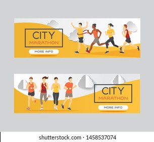 Marathon runners race group vector illustration. Running men and women at finish of marathon race, win, sprint. Landing page design template of run competition, banner.
