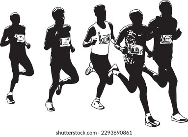 marathon runners running in group - sketch artwork vector