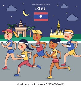 Marathon runners are running in Laos at night : Vector Illustration