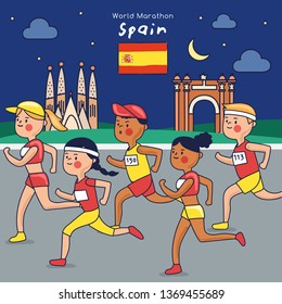 Marathon runners are running in Spain at night : Vector Illustration