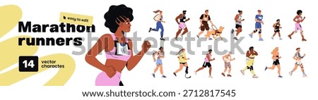 Marathon runners set side view. Athletes and people with disabilities are jogging. Diverse men and women are running. Characters do sports. Flat isolated vector illustrations on white background