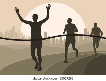 Marathon runners in skyscraper city landscape background illustration