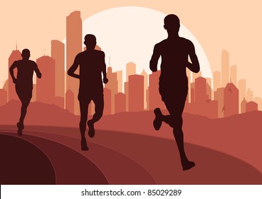 Marathon runners in skyscraper city landscape background illustration