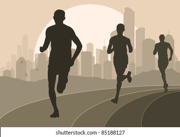 Marathon runners in skyscraper city landscape background illustration