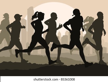 Marathon runners in skyscraper city landscape background illustration