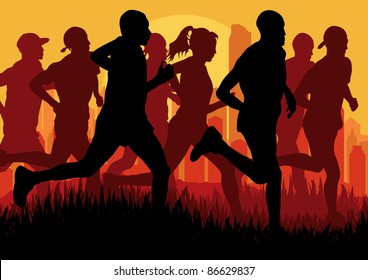 Marathon runners in skyscraper city landscape background illustration