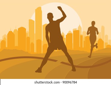 Marathon runners in skyscraper city landscape background illustration