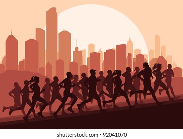 Marathon runners in skyscraper city landscape background illustration vector