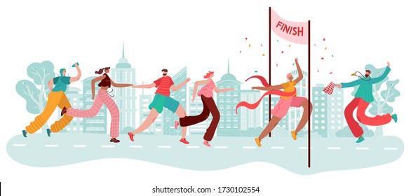 Marathon runners, sport winner at finish, athlete race, competition in city jogging and run cartoon vector illustration isolated on white. People running marathon and exercise, champion.