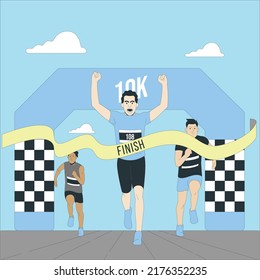 Marathon runners, sport winner at finish, athlete race, competition in city jogging and run cartoon vector illustration isolated on white. People running marathon and exercise, champion.