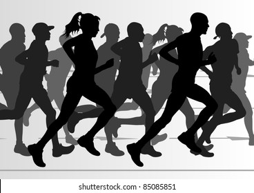 Marathon runners in urban city landscape background illustration