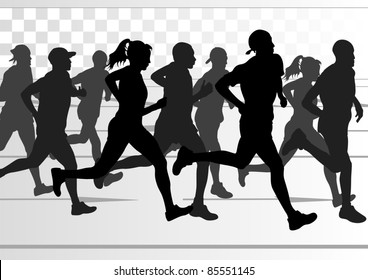 Marathon runners in urban city landscape background illustration