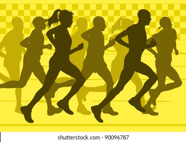 Marathon runners in urban city landscape background illustration