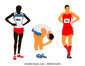 Marathon runners waiting race on start vector illustration isolated on white background. Sportsman athlete resting on finish line after race wining. Superstar players concentrates on game. Top form.