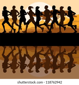 Marathon runners in wild forest nature mountain landscape background illustration vector