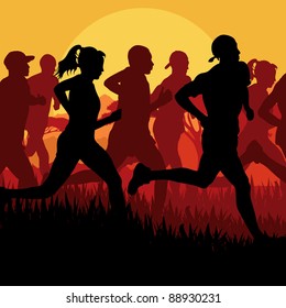 Marathon runners in wild nature landscape background illustration