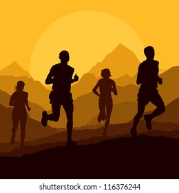 Marathon Runners In Wild Nature Mountain Landscape Background Illustration Vector