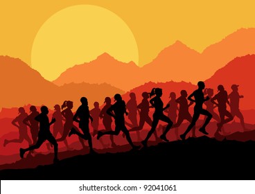 Marathon Runners In Wild Nature Mountain Landscape Background Illustration Vector