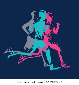 Marathon running, abstract colorful silhouettes of adult runners, vector poster