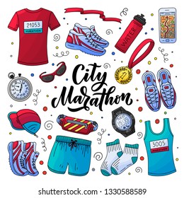 Marathon running clothing, gear and accessories essential kit. Vector doodle style illustration. Hand drawn calligraphy lettering, fitness and sport icons, isolated on white background.