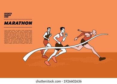 Marathon running competition, three men on a track race at the finish line.