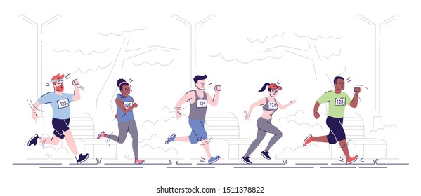 Marathon running flat vector illustration. Joggers in park. City footrace. Running competition. Sport activity. Runners on track isolated cartoon character on white background