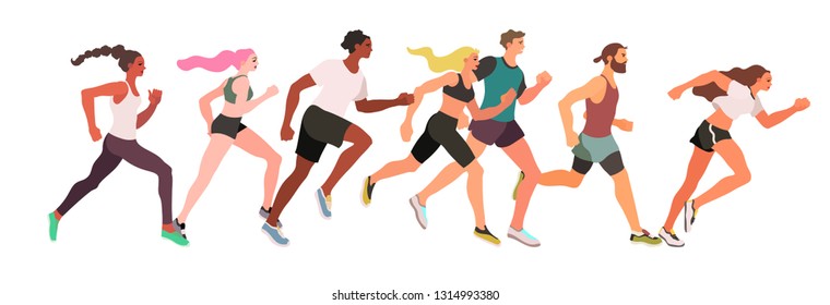 Marathon running group of men and women isolated on a white background - flat vector illustration. - Shutterstock ID 1314993380