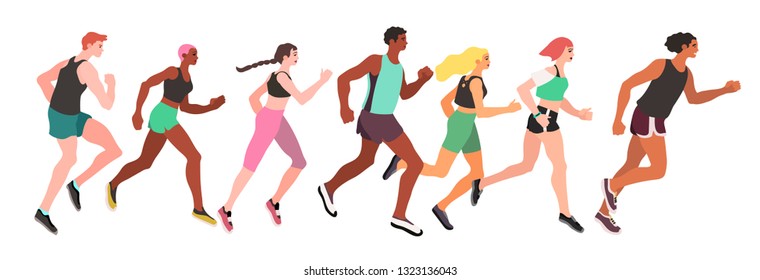 Marathon running group of men and women isolated on a white background - flat vector illustration.