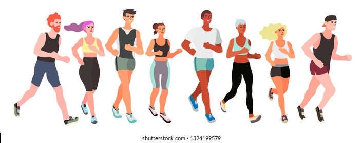 Marathon running group of men and women isolated on a white background - flat vector illustration.
