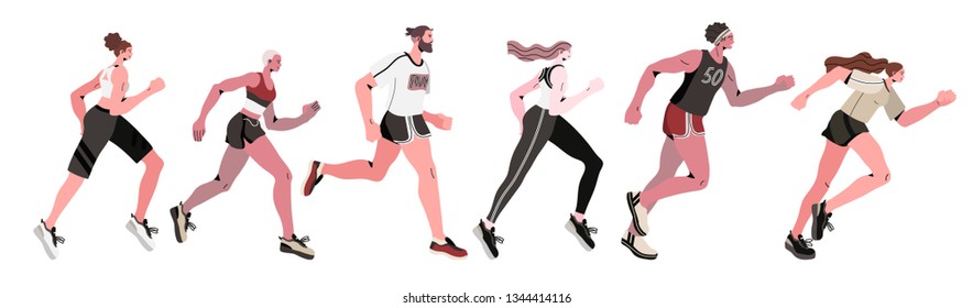 Marathon running group of men and women isolated on a white background - flat vector illustration.