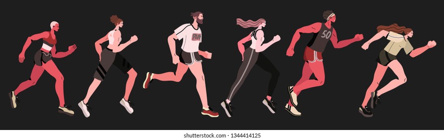 Marathon running group of men and women isolated on a black background. Trendy flat vector illustration of runners.