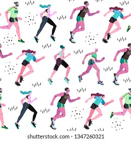 Marathon running group of men and women - flat vector illustration. Seamless pattern of runners.