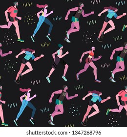 Marathon running group of men and women - flat vector illustration. Seamless pattern of runners.