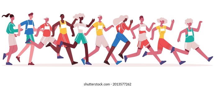 Marathon running people. Jogging athletes group, sprinting men and women isolated vector illustration. Marathon racing competition. Male and female characters leading active lifestyle