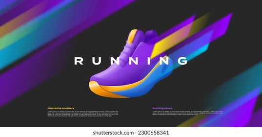 Marathon running poster with 3d sneaker in dynamic running movement with stripes blur in speed motion, sneakers fashion design promo