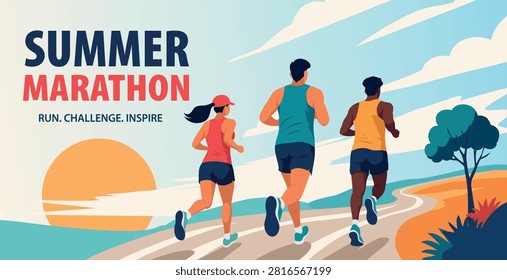Marathon running poster. Modern vector design for a summer marathon three runners on a road in a flat design. Sports illustration for races, fitness events, promoting sports, web, healthy lifestyles