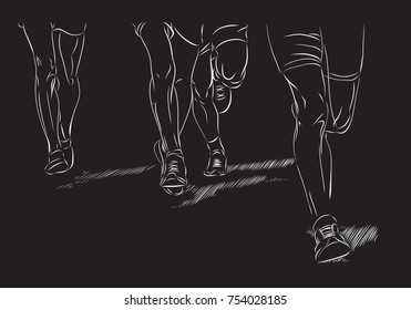 Marathon running race, people feet, vector sketch