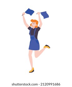 Composición deportiva maratónica con carácter humano aislado de muchacha corriendo con banderas azules ilustraciones vectoriales