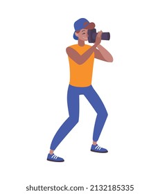Composición deportiva de maratón con carácter humano aislado de un hombre que dispara con cámara fotográfica ilustración vectorial