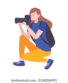 Marathon running sport composition with isolated human character of girl with photo camera vector illustration