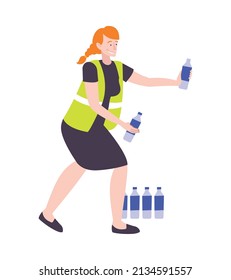 Marathon running sport composition with isolated human character of female volunteer sharing water bottles vector illustration