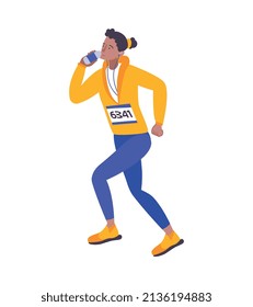 Composición deportiva de maratón con carácter humano aislado de atleta femenina con botella de ilustración vectorial de agua