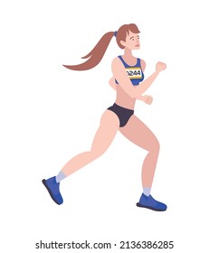 Marathon running sport composition with isolated human character of running female athlete vector illustration